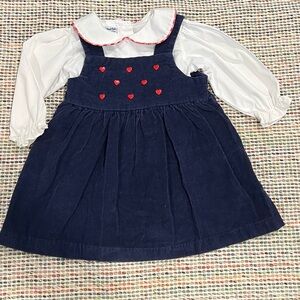 Samara Vintage Navy Blue Corduroy Red Hearts W/ Blouse 2 Pc Jumper Dress Sz 2T